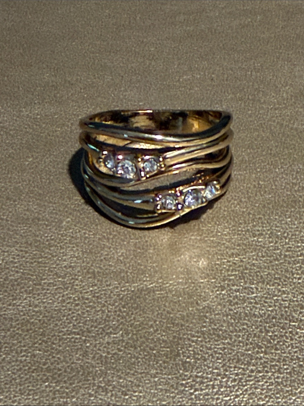 Gold-Tone Layered Band Ring with Clear Crystal Accents